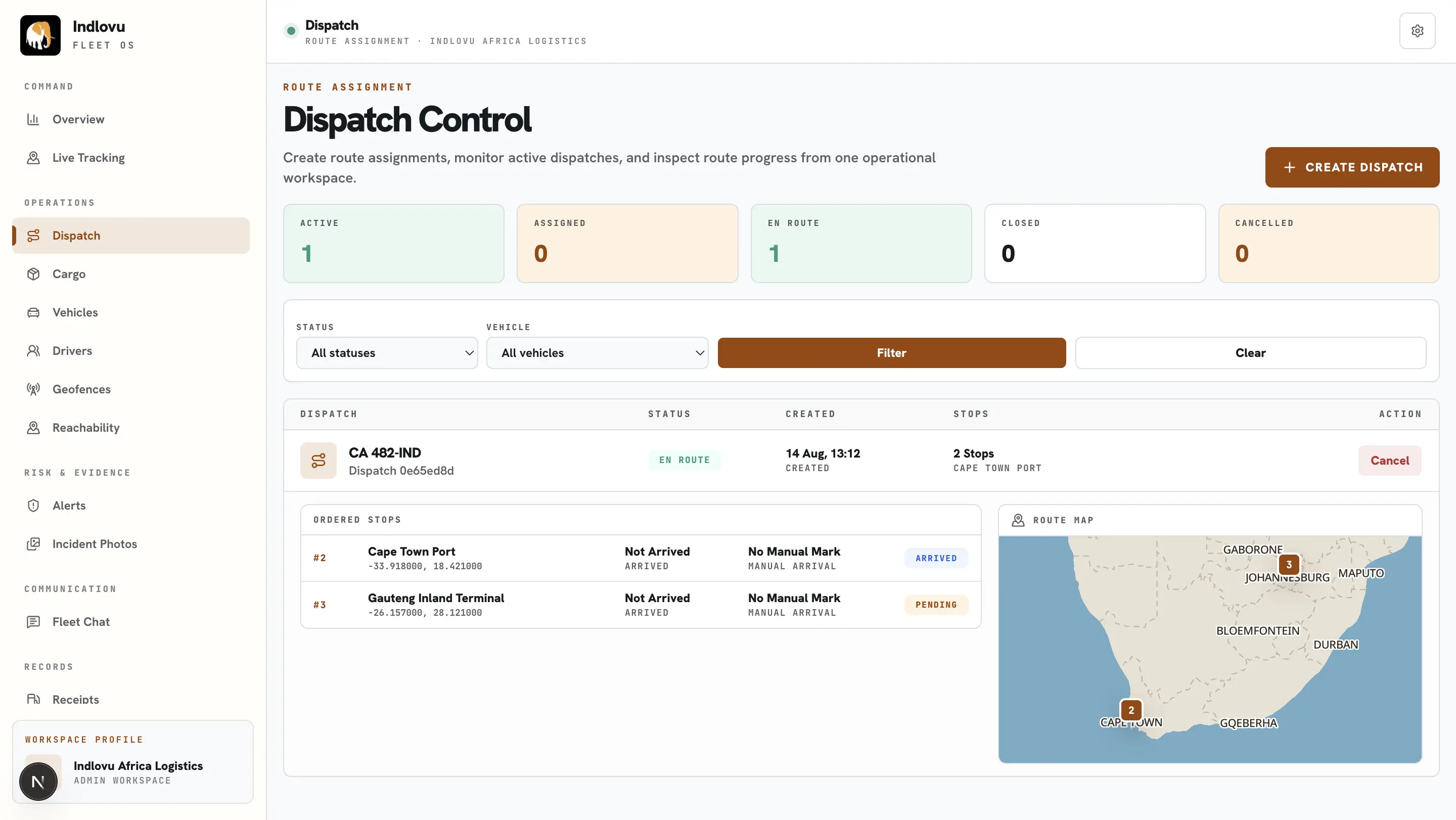 Indlovu dispatch dashboard showing route assignments and active work