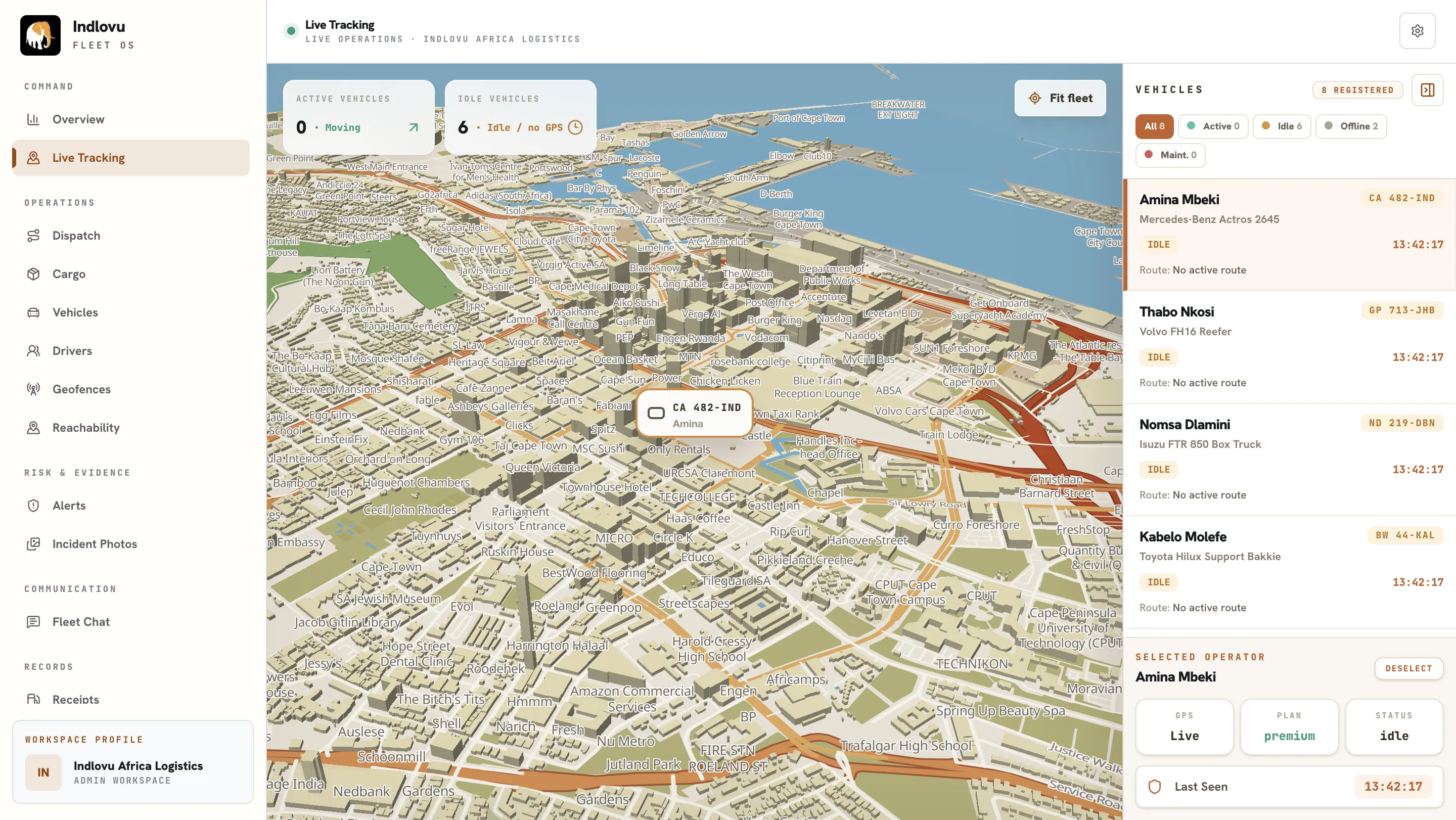 Indlovu live tracking map with vehicle list and selected operator details