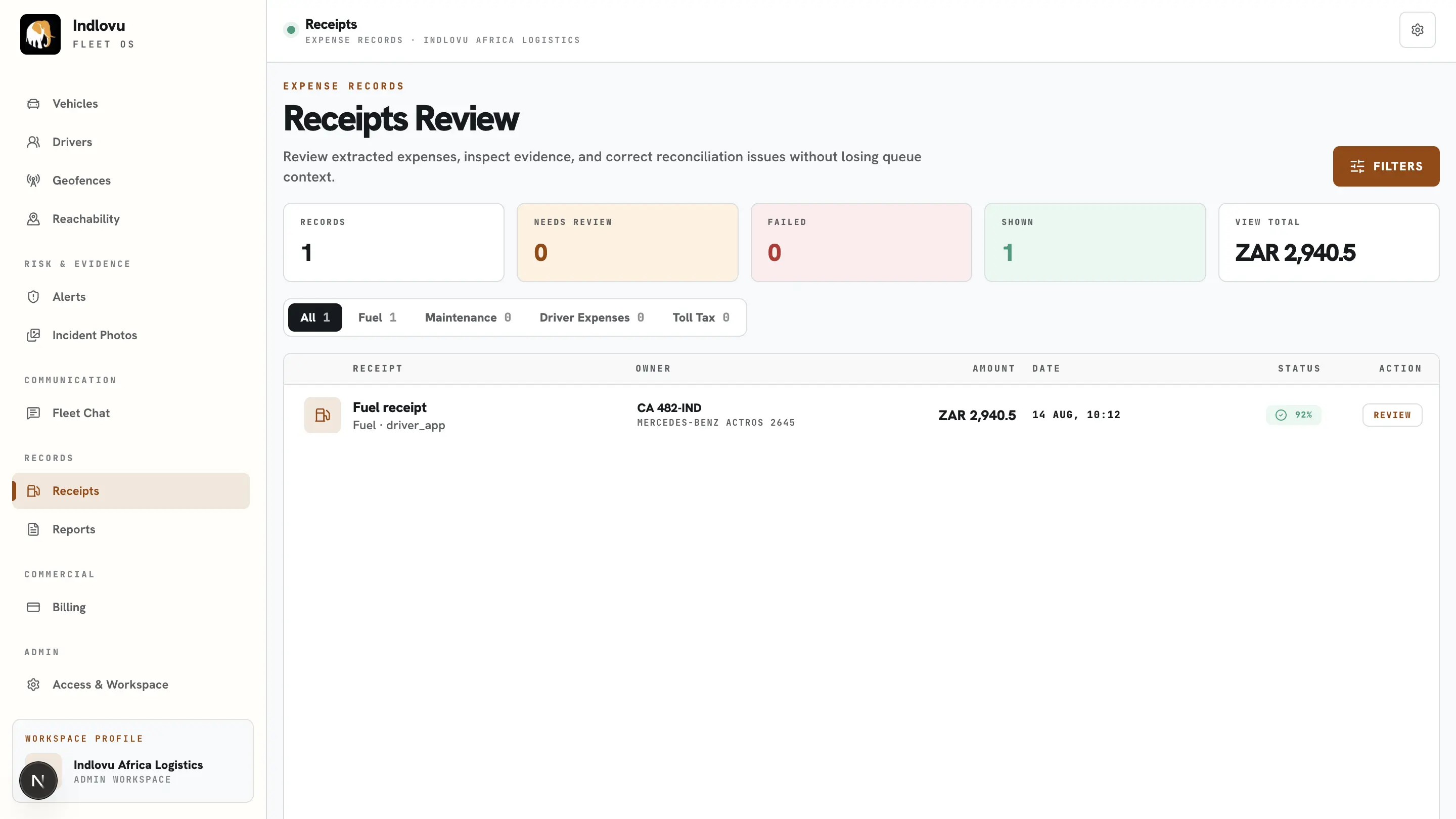 Indlovu receipts dashboard showing expense records and receipt review